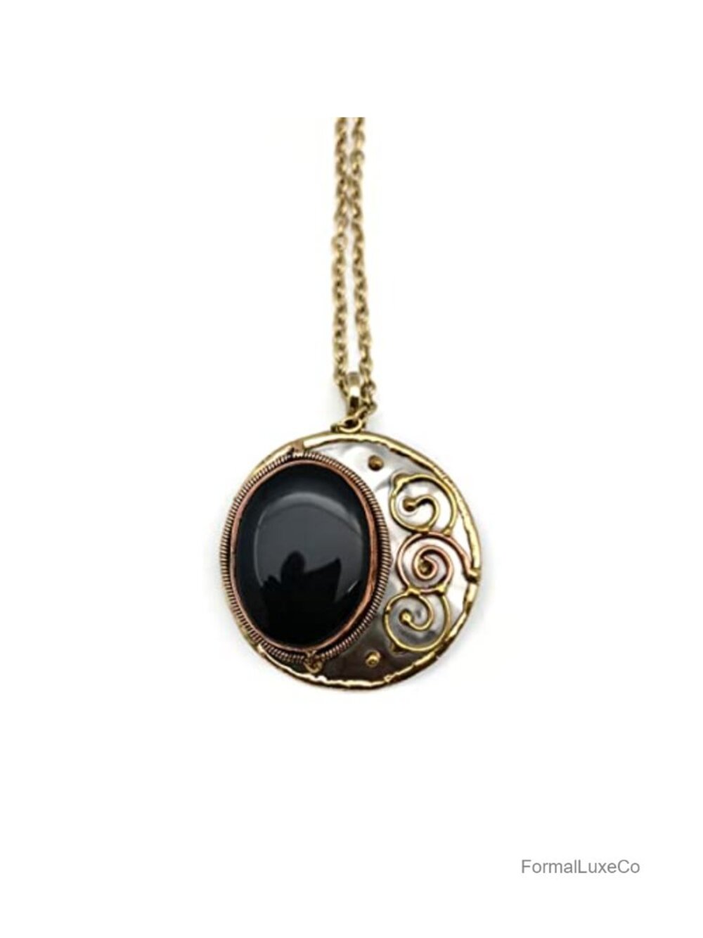 Black Onyx Stone Pendant Necklace with Chain Cable Lobster Clasp 31 inch